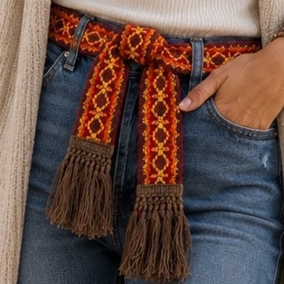 Unbranded Accessories - Boho Woven Belt Tassel Tie Fringe Red Orange Yellow Tie Western